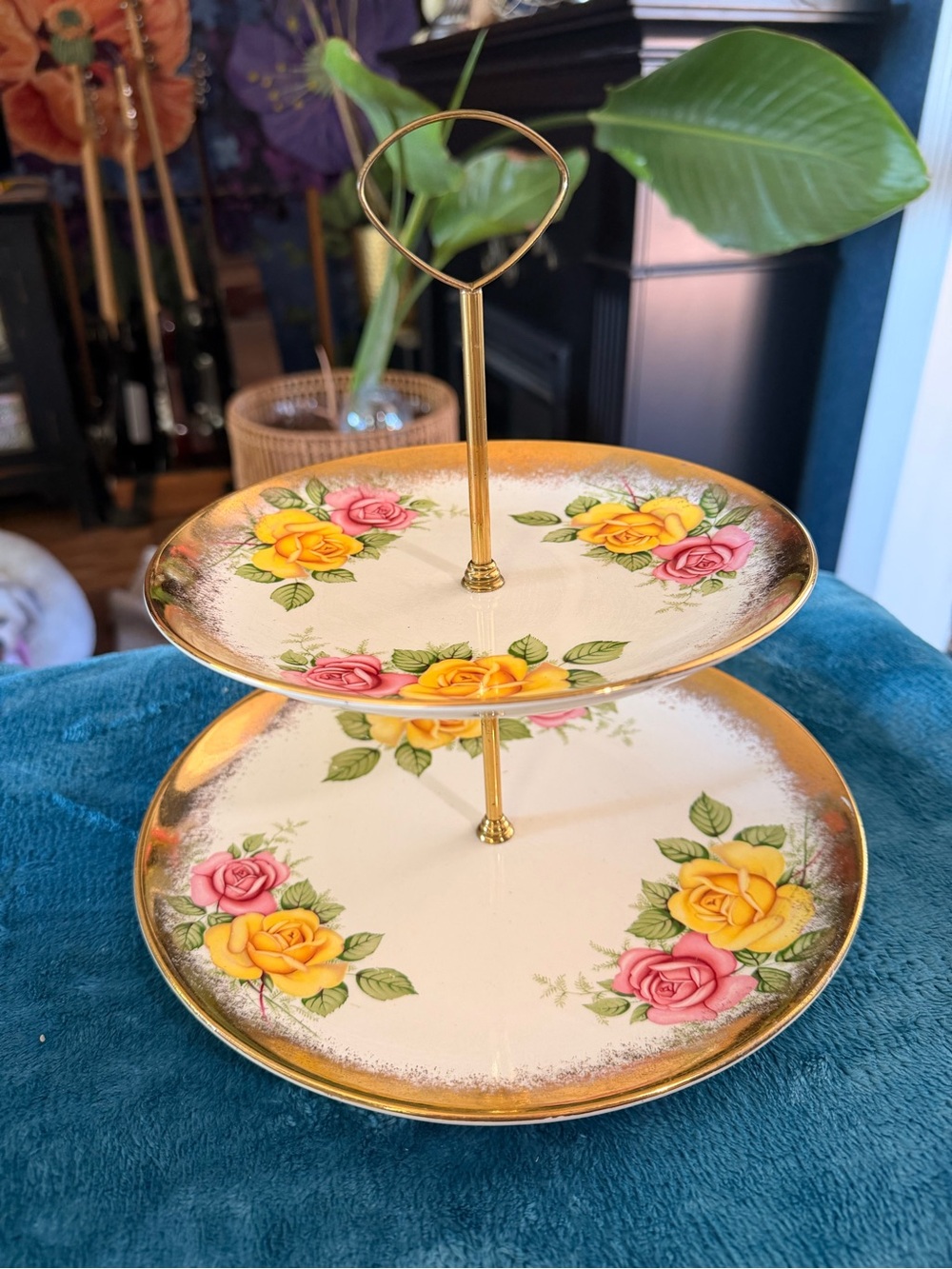 Vintage Weatherby Two-Tier Floral Serving Stand in Yellow & Pink with Gold Trim